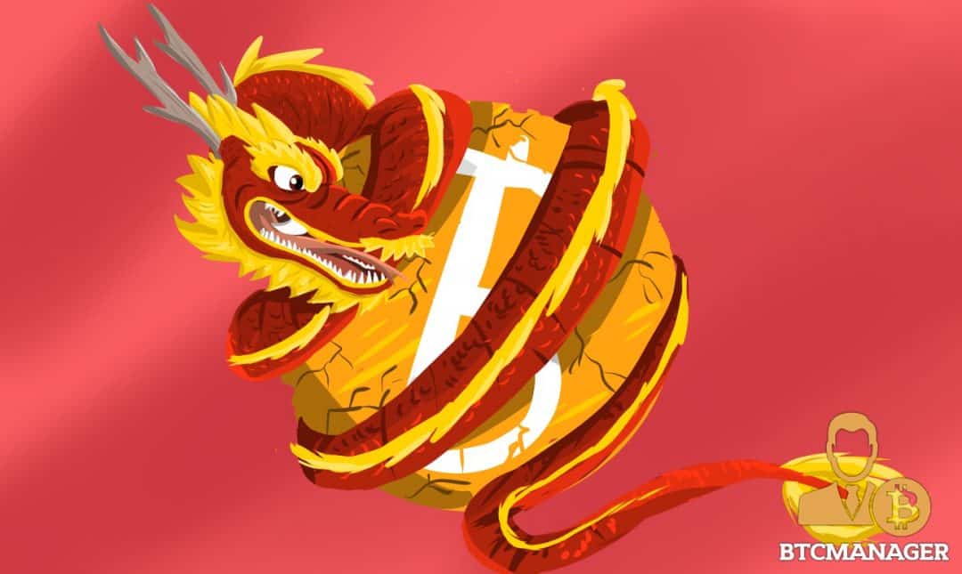 Chinese dragon wrapped around a bitcoin