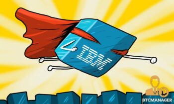 Super blockchain flying above blockchainb blocks cape red blue
