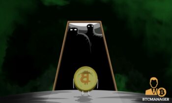 Bitcoin coin man standing in doorway. To big black figures stand behind him. Green hallway/room.