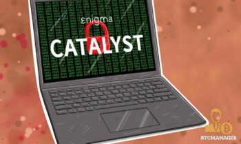 A laptop computer with matrix black on green binary in the background. On top the lettering says Enigma Catalyst.