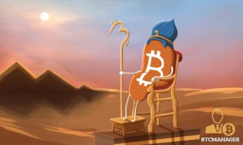 Bitcoin man sitting in the desert on throne with staff and Arabian crown