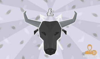 Litecoin with bull logo underneath. The whole things is grays and whites.