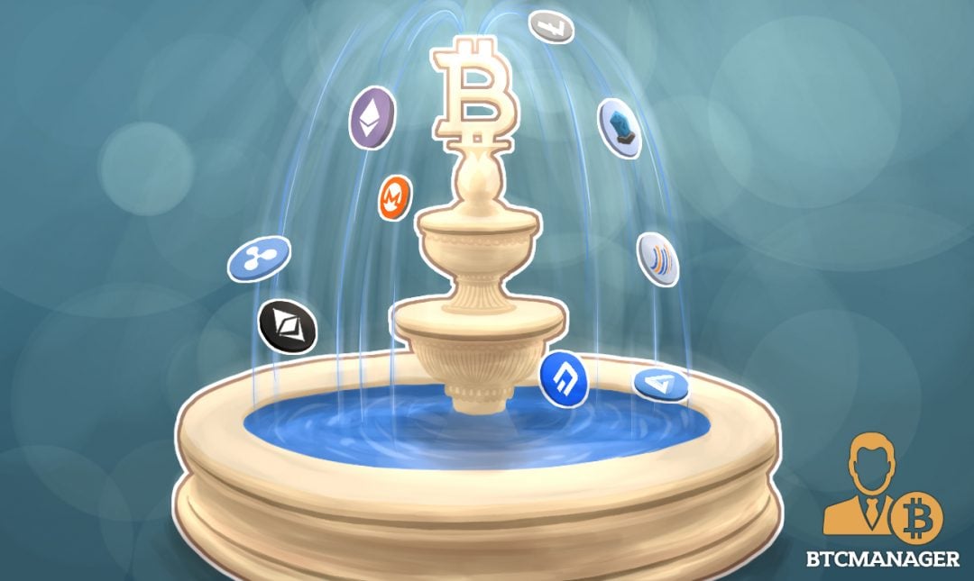 Fountain with bitcoin logo at the top. other crypto currency's coming out and falling around.
