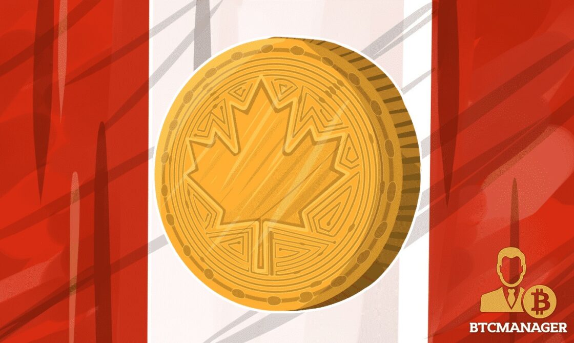 Maple leaf coin representing cryptocurrency in front of Canadian flag. The First Cryptocurrency Investment Fund launches in Canada, providing a safe way to invest in bitcoin