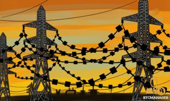 Blocks on a chain between large electrical wire polls. Orange sunrise/sunset background Japan’s Energy Sector Moves to Adopt Blockchain Technology