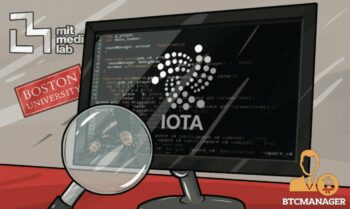 A PC Screen with code of the IOTA project, a magnifying glass examines the code, vulnerability found by MIT and BOston University, their logos are in the background