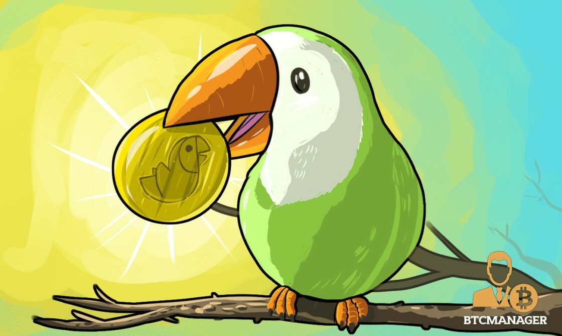 Multi color background with tropical bird on a branch. Coin with bird on it.