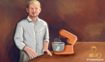 Pawel Kuskowski of Coinfirm stands in front of a bowl and mixer, he shares his insight into bitcoin mixing services and the blockchain sector