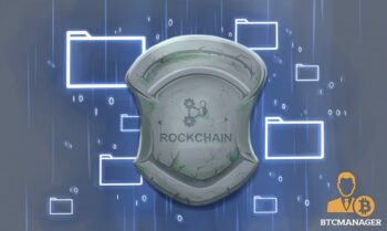 A badge with the Rockchain logo on it, with digital folders in the background as Rockchain's offering is data intelligence