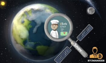 A picture of earth from space with the sun on the left and the moon on the right. A satellite looks like a magnifying glass, says Snov.io on the handle. It has a drawing of a chef, it says IBob Chef. With map icon and lines to imply more words below.