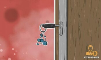 A key on a blockchain key chain in a door. Real Estate Industry Considering using Digital Currency