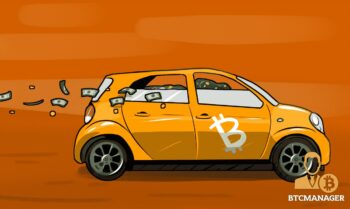Car with bitcoin logo speeding along, money flowing out as bitcoin shapes up to be an investment vehicle