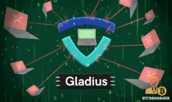A group of malicious computers are trying attack with red beams surrounding a laptop in the middle, which is shielded Gladius' logo, an ICO to decentralize Content Delivery Networks
