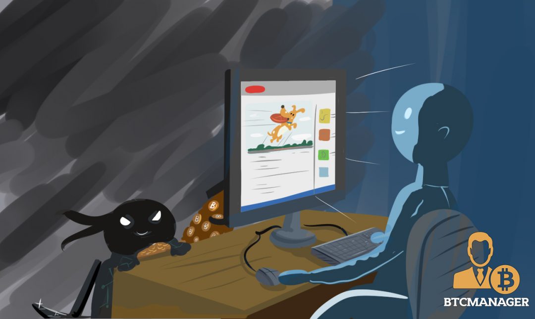 A figure sits in front a computer screen while a shadowy entity is peering over the table with a stash of bitcoin next to it