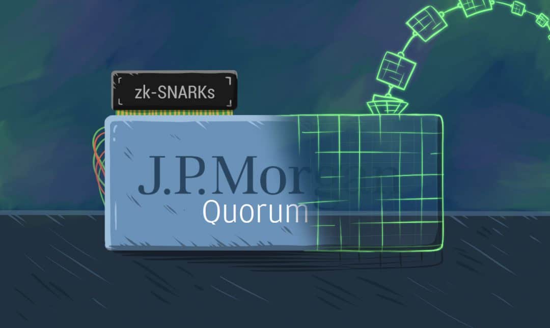 A JPMorgan sign with Quorum written on it has half of the sign as invisible with a blockchain coming out of it as Quorum platform integrates zk-SNARKs privacy feature
