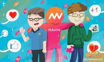 A figure with the Mavin logo for a head is holding the shoulders of two people