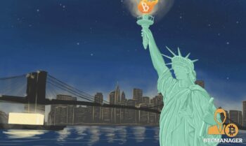 Statue of Liverty with a Bitcoin Torch illuminating New York