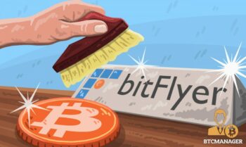 bitFlyer logo being cleaned next to a shiny bitcoin