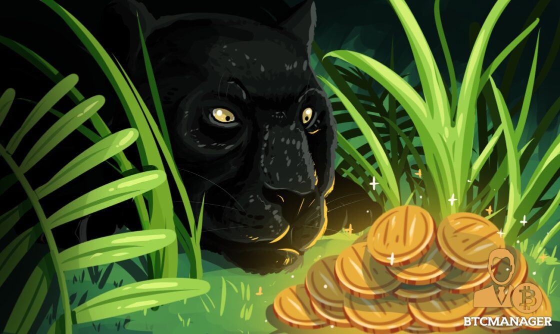 Panther sat observing gold green bitcoin crypto delicious