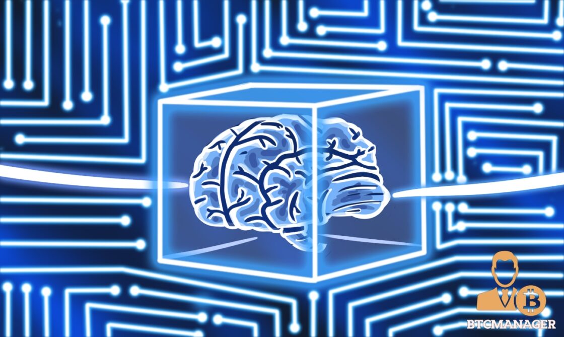 AI Brain in a blue blockchain mesh
