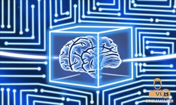 AI Brain in a blue blockchain mesh