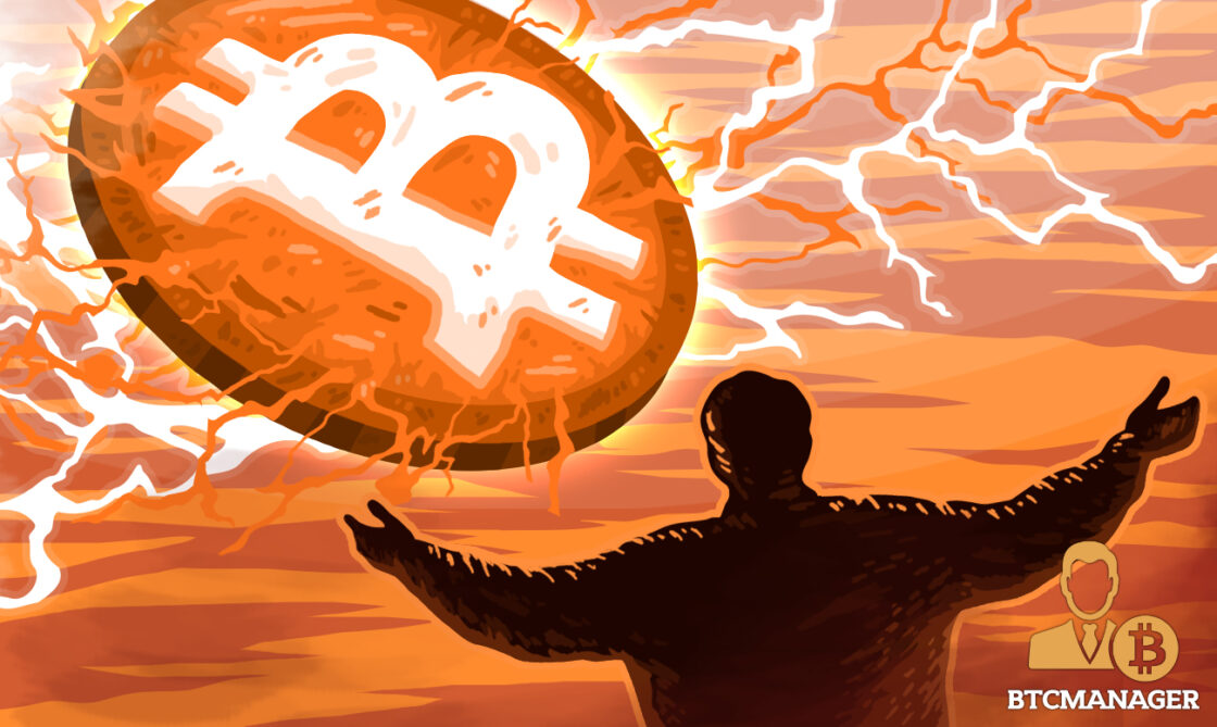 Bitcoin beaming in the sky as a man looks on praising the new god