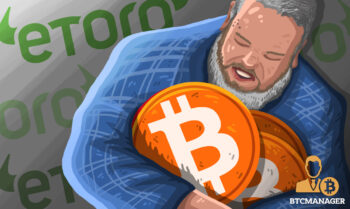 Man Hugging Bitcoins eToro Background