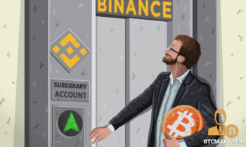 Man Pressing Elevator Button Holding Bitcoin in his Arms