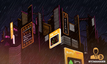 Japanese buildings skyline with bitcoin boards
