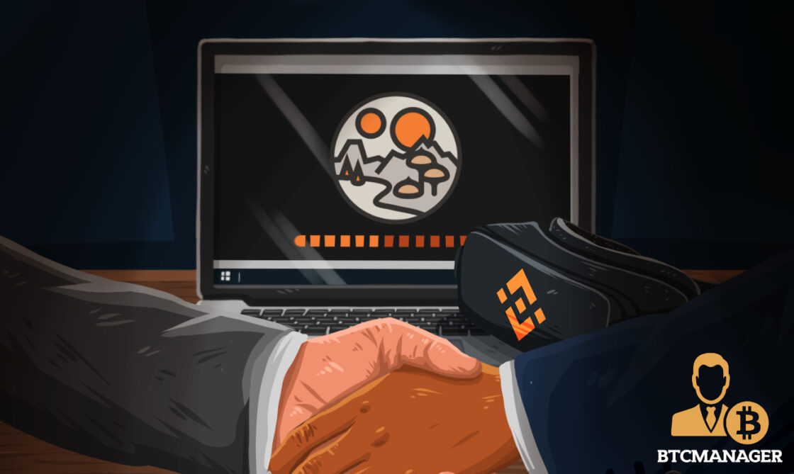 Two Hands Shaking in Front of a Decentraland Laptop