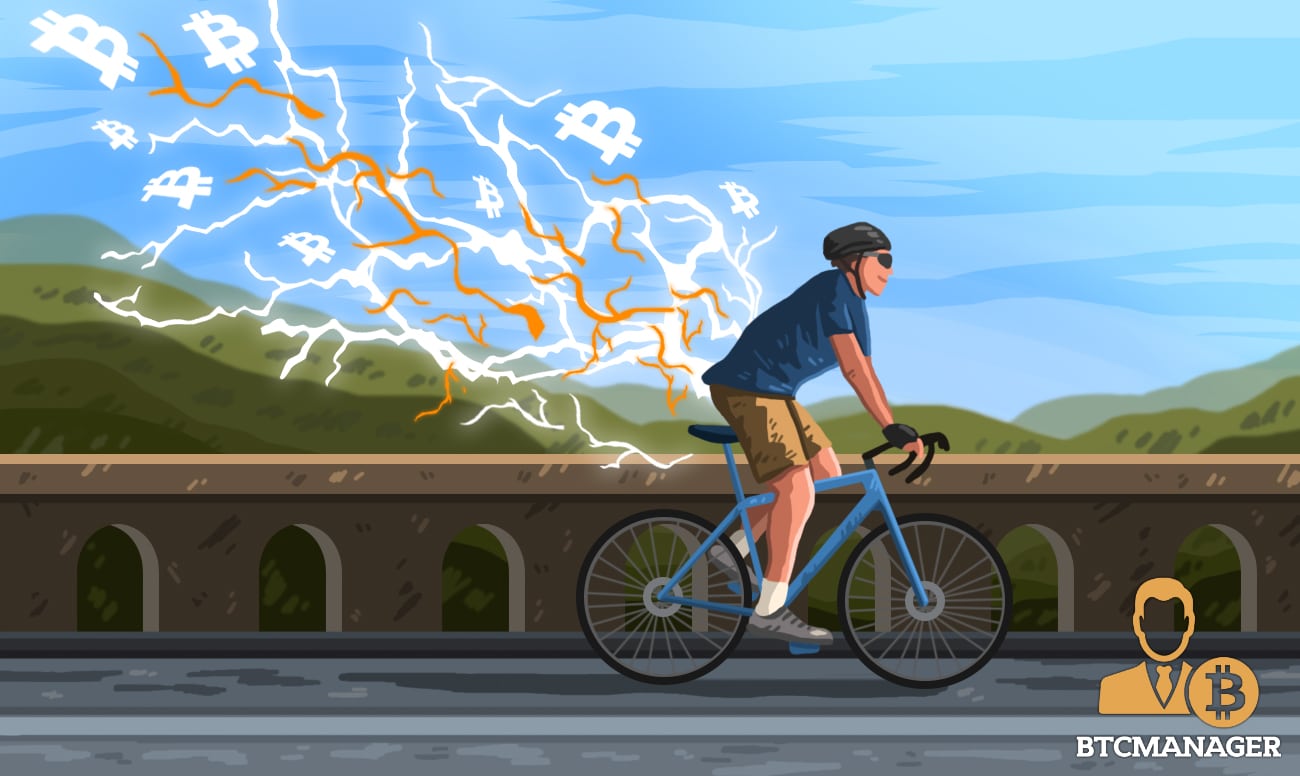 Man Riding a Bike with BTC Symbols and Lightning Bolts Shooting out