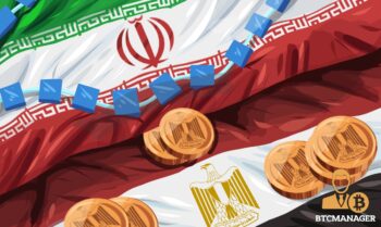 Irani Flag with Blockchain and Cryptocurrencies Strewn Across
