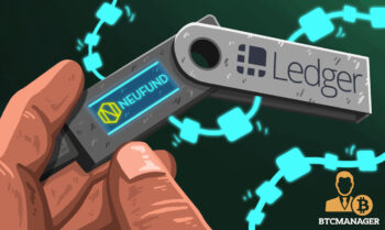 Ledger Wallet in Hand with Blockchains in the Background