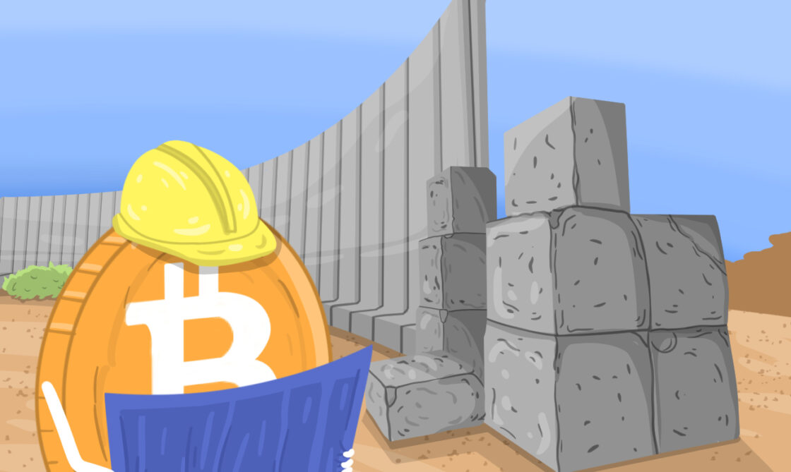 Bitcoin Wearing a Hard Hat and Looking at Blue Prints