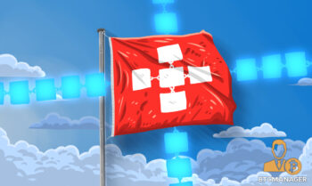 Swiss Flag with blockchain in the sky