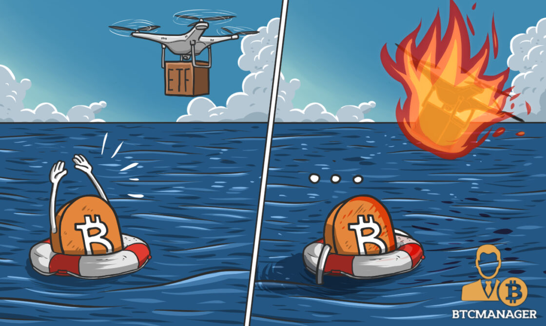 Bitcoin drowning, lifebuoy on fire