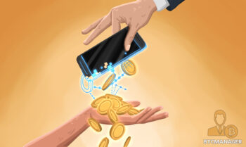 Smartphone Shaking Cryptocurrencies into another Hand