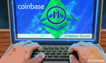 Fingers Working on a Laptop Showing a Pause Button on Ethereum Classic Logo