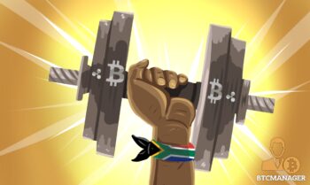 South African Flag Wrapped Around a Wrist Lifting a Cryptocurrency-Branded Handweight