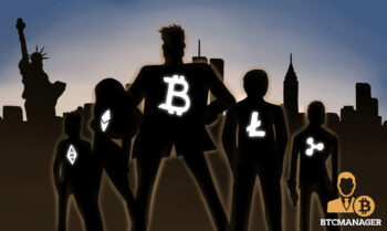 Cryptocurrency Silhouettes with New York Skyline in the Background