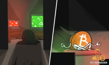 Bitcoin Meditating in front of Two Green and Red Screens
