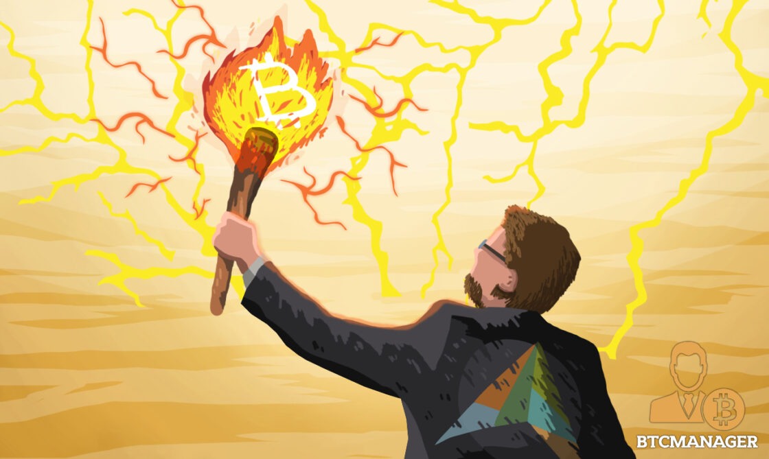 Man in a Fidelity Suit Holds a Bitcoin labeled Flame