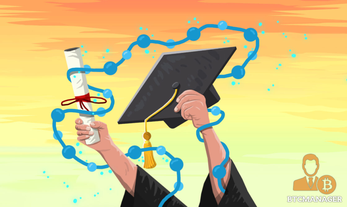 Graduate Holding Cap and Certificate Wrapped in a Blockchain