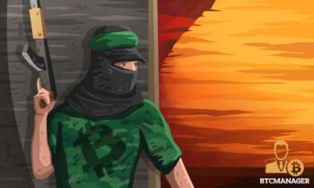 Bitcoin Branded Soldier Hiding behind a Wall
