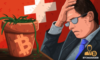 Man Looking at Dying Bitcoin Plant with a Swiss Flag