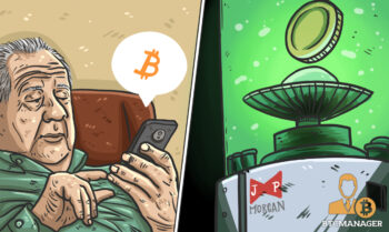 Older Man Looking at Bitcoin on his Phone and JP Morgan JP M Coin Mogul
