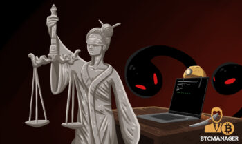 Blind Woman of Justice Standing in front of a Computer Being Cryptojacked