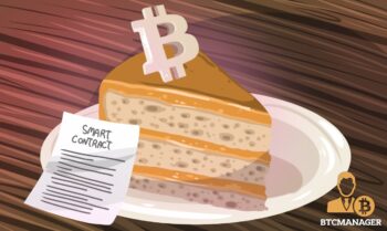 A contract next to a bitcoin themed cake on a plate