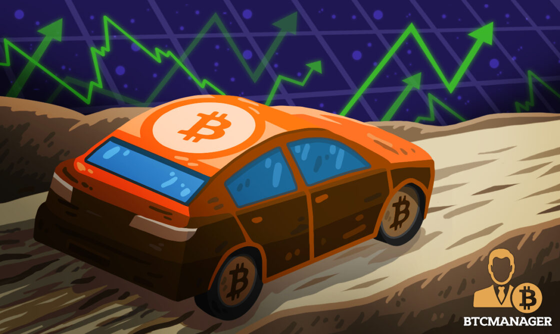 Bitcoin Rally Car Racing to the Moon Green Arrows