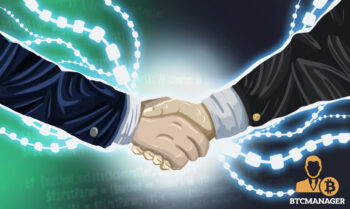 blockchain partnership Hand Shake Between Green Block nd Blue Block People bond